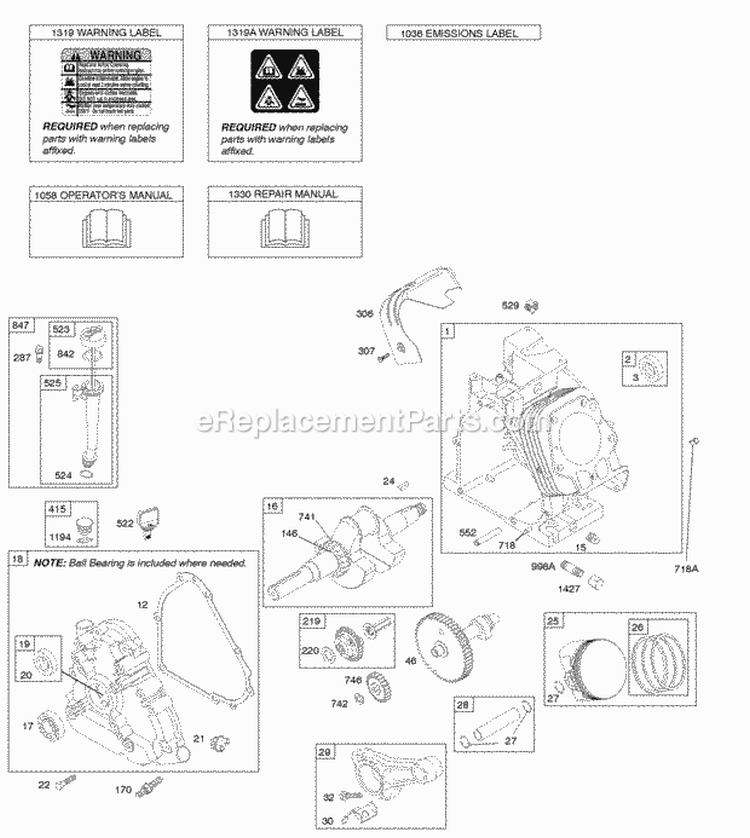 Camshaft Crankcase Cover Crankshaft Cylinder Lubrication OperatorS Manual PistonRingsConnecting Rod Warning Label Diagram and Parts List for 20T232-0753-F1  Briggs and Stratton Engine